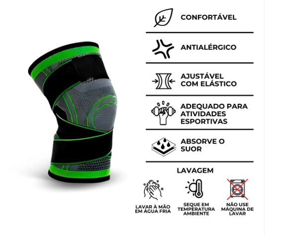 Principais características da Joelheira Ortopédica Premium: confortável, antialérgico, ajustável com elástico, adequado para atividades esportivas, absorve o suor, lavar à mão em água fria, secar em temperatura ambiente, não usar máquina de lavar
